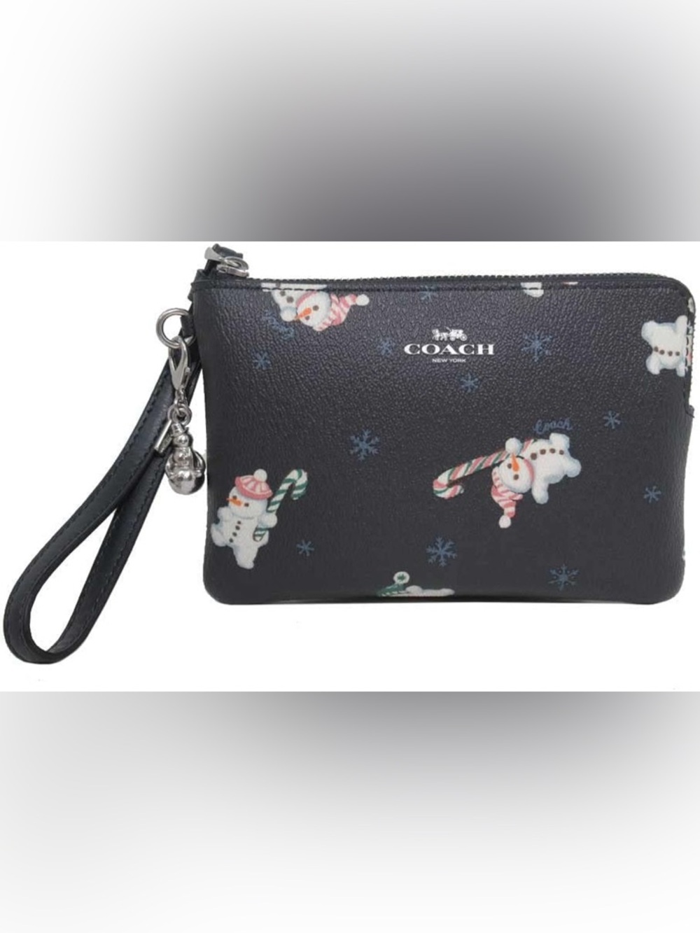COACH Black Snowman Candy-Cane Print Zip Wristlet